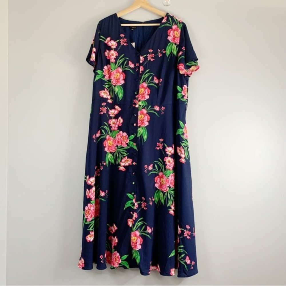 Talbots Plus Women Blue Pink Floral Flutter Sleeve Maxi Dress  Fit Flare 16 W